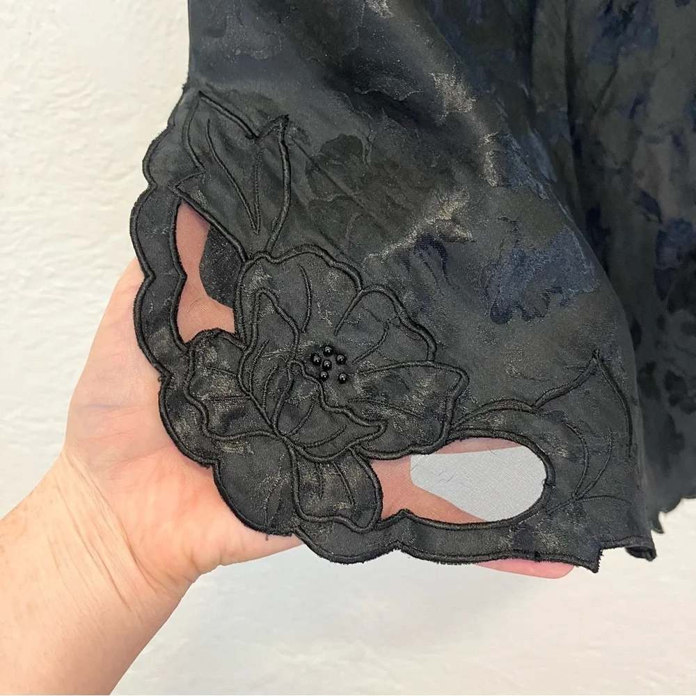 Vintage Half Slip Skirt Black Satin Floral Embroidered Beaded Goth Whimsigoth S